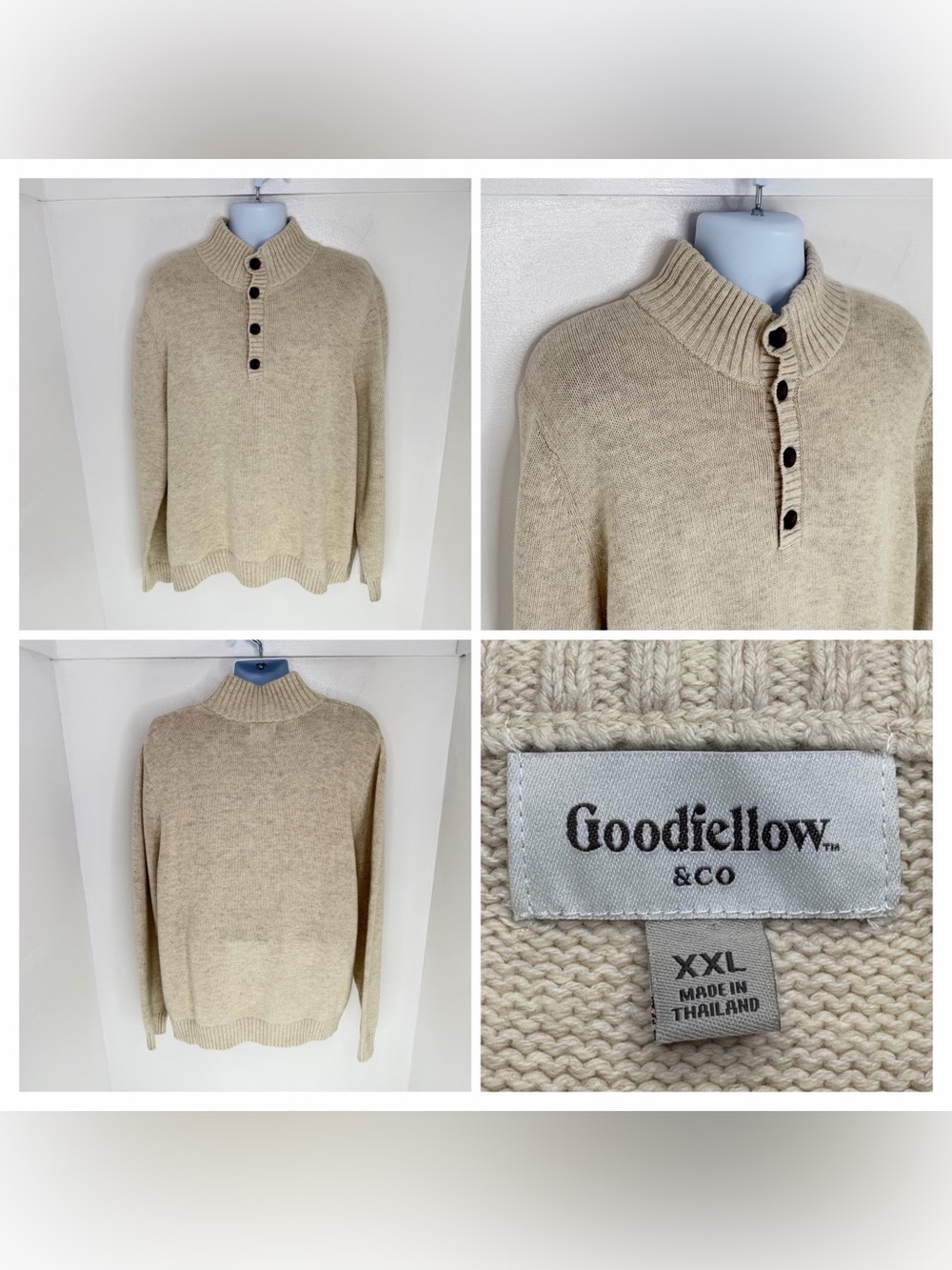 Goodfellow Fishermens Sweater Size XXL Beige 1/4 Button Mock‎ Neck Chunky Knit